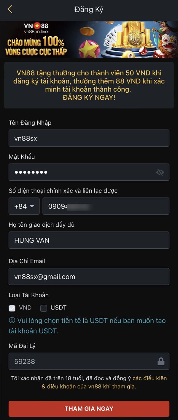 Đăng ký tài khoản Vn88